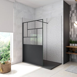 Doccia Walk In Parete Fissa Vetro Temperato 8 mm Anticalcare 100x200cm Semitrasparente Riquadri Nero Serigrafato Barra Stabilizzatrice da 90 cm