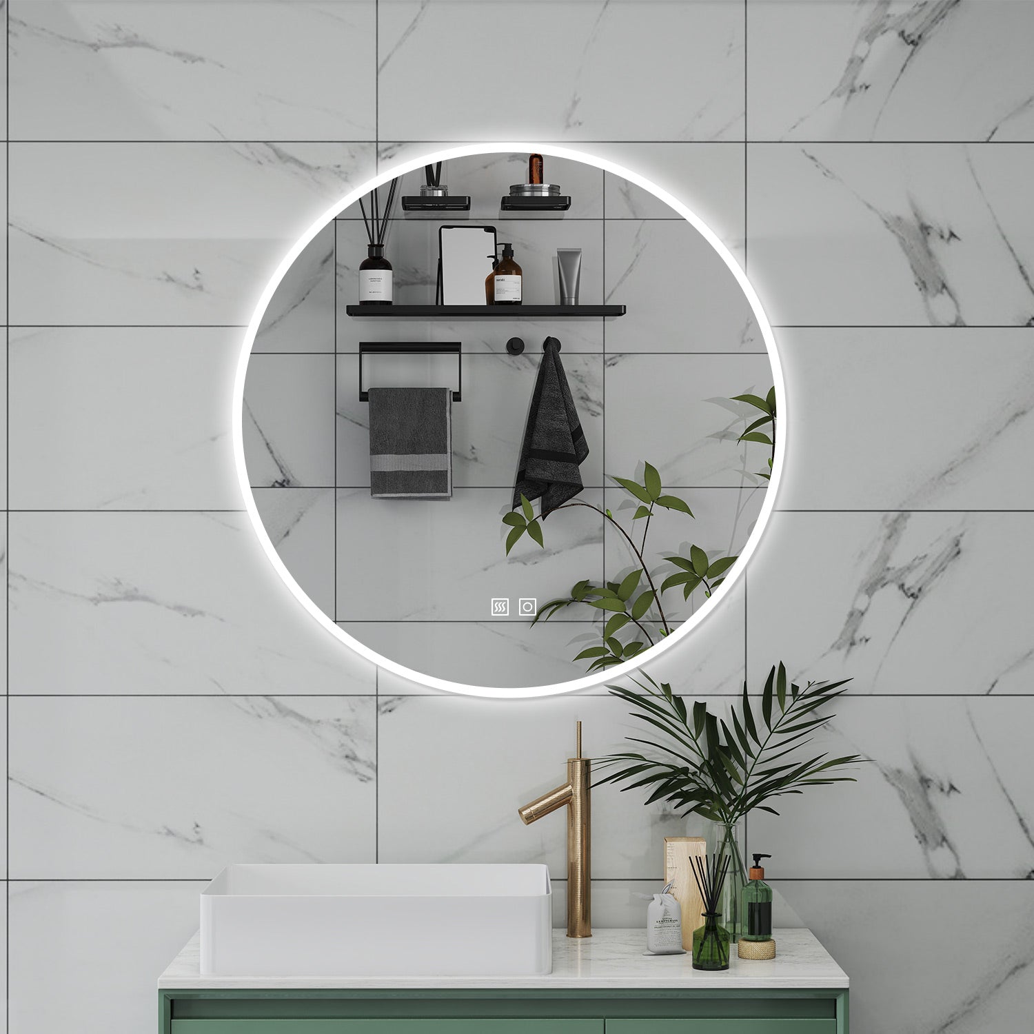 AICA Specchio da bagno 70 x 70 cm, 3 colori, antiappannamento, dimmerabile, interruttore touch, Funzione Memoria