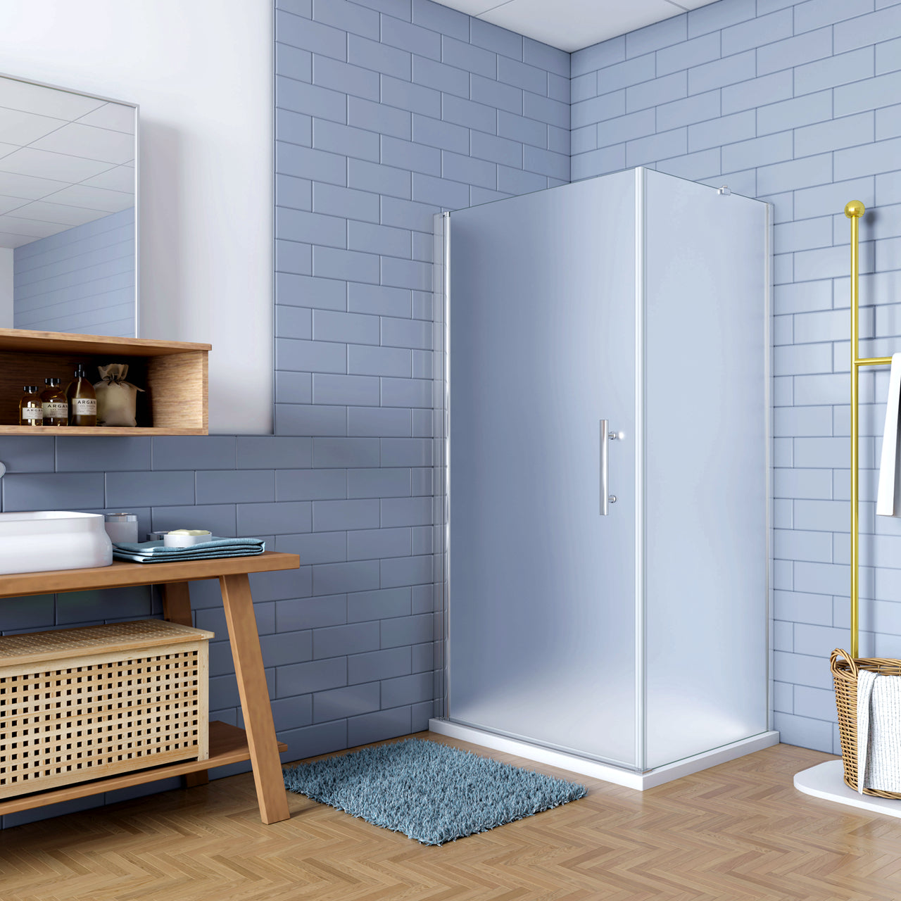 195cm Box Doccia Angolare Porta Battente con Parete Fissa 70x90cm in Vetro Satinato 6mm Anticalcare Irreversibile