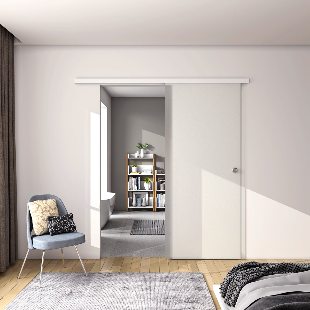 80x225 cm Porta Scorrevole in Vetro da 8 mm Temperato Opaco con Pellicola Anti-frantumi con Binario in Alluminio Bianco Verniciato