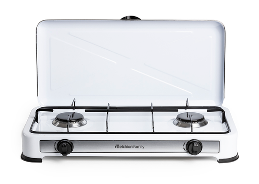 Melchioni Family MINERVA NEW Fornello a Gas 2 Fuochi Bianco da Esterno Acciaio Smaltato GPL Coperchio Protettivo Griglia Removibile Fiamma Regolabile