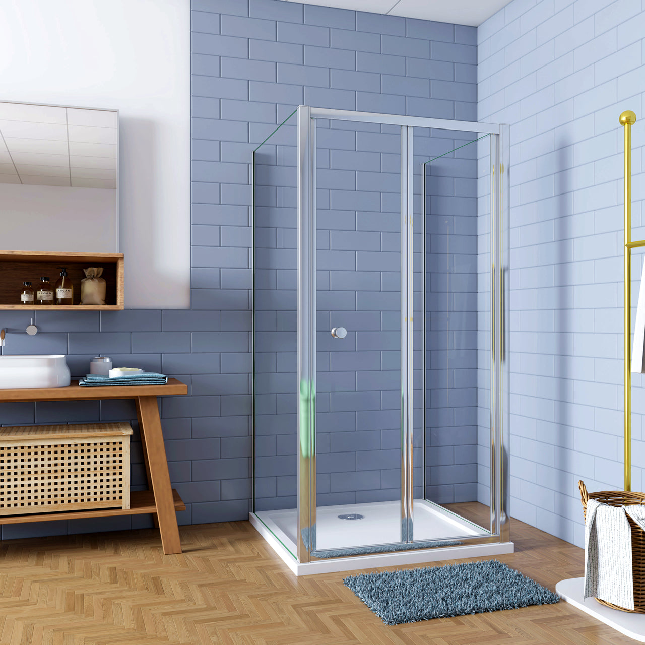 185cm Box Doccia a Tre Lati Porta a Soffietto 100cm con Doppia Parete Fissa 90x90cm in Vetro Temperato Trasparente 5 mm Profilo Cromo Lucido