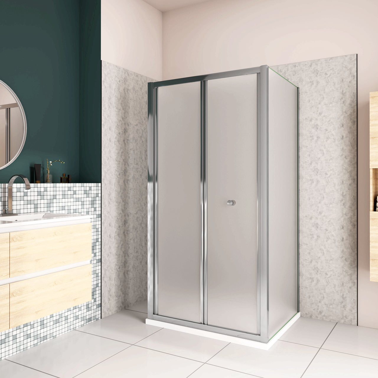 185cm Box Doccia a Tre Lati Porta a Soffietto 96cm con Doppia Parete Fissa 80x80cm in Vetro Temperato Satinato Opaco 5 mm Profilo Cromato Lucido