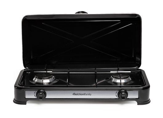Melchioni Family Fornello a Gas da Campeggio MINERVA 2 con 2 Fuochi Fornelletto GPL Portatile con Coperchio Griglia e Fuochi Removibili Nero