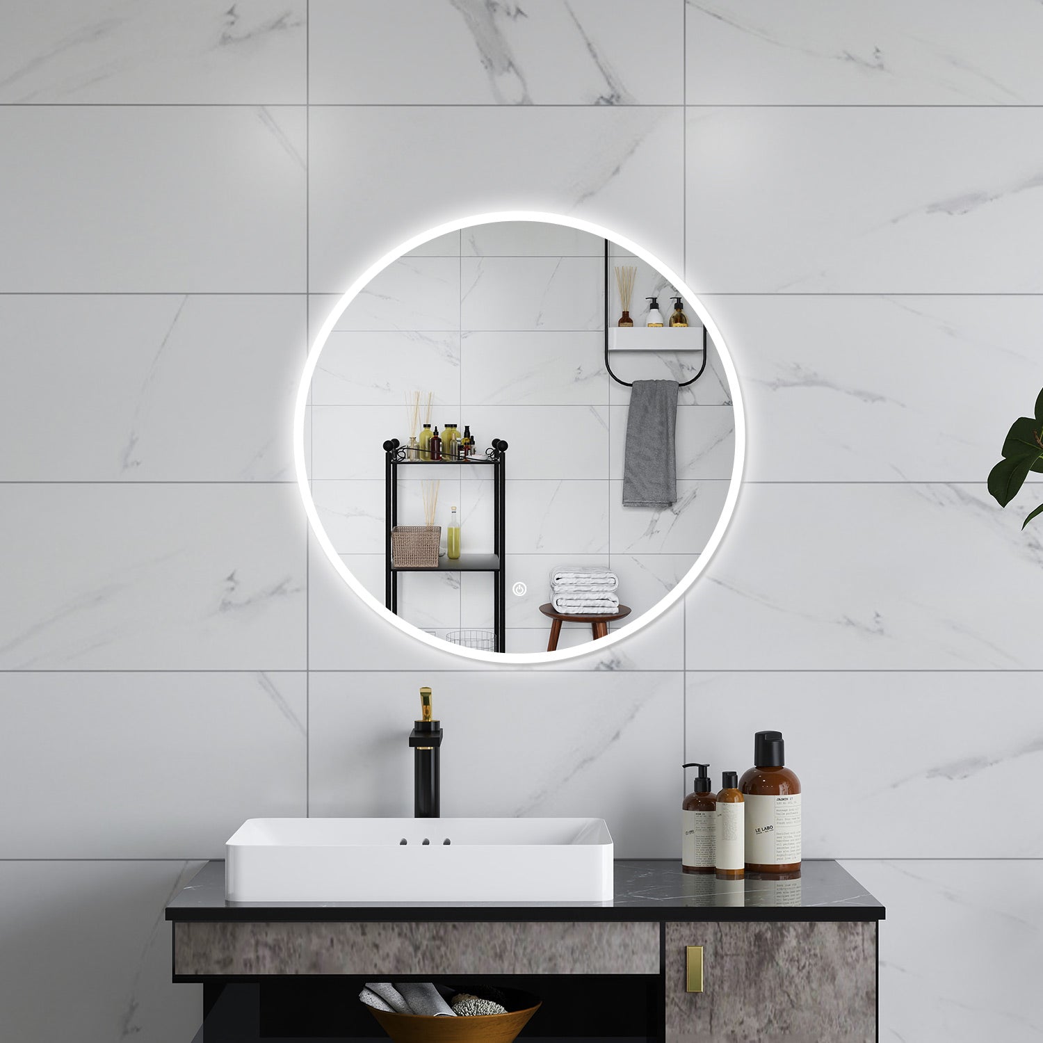 AICA Specchio da bagno 100 x 100 cm, 3 colori, antiappannamento, dimmerabile, interruttore touch, Funzione Memoria