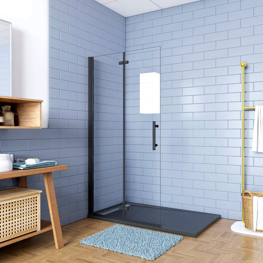 Walk in Parete Doccia Movibile 2 Pannelli Pieghevoli a Libro 115x190 cm in Vetro 5 mm Trasparente Temperato Anticalcare Telaio Nero Opaco