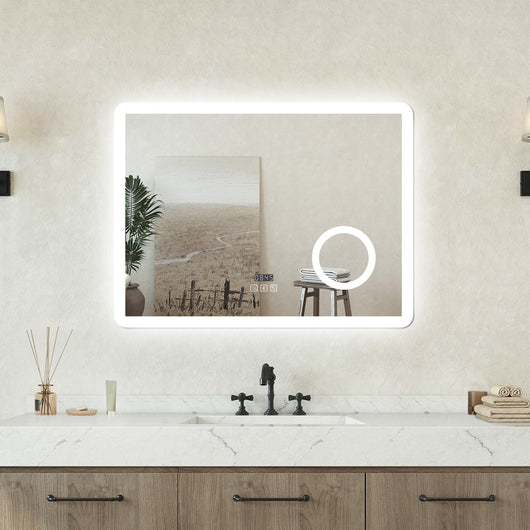 Specchio luminoso Orologio + lente d'ingrandimento + bluetooth + luce tricolore + anti-appannamento 80x60cm bagno regolabile, memoria, touch, LED