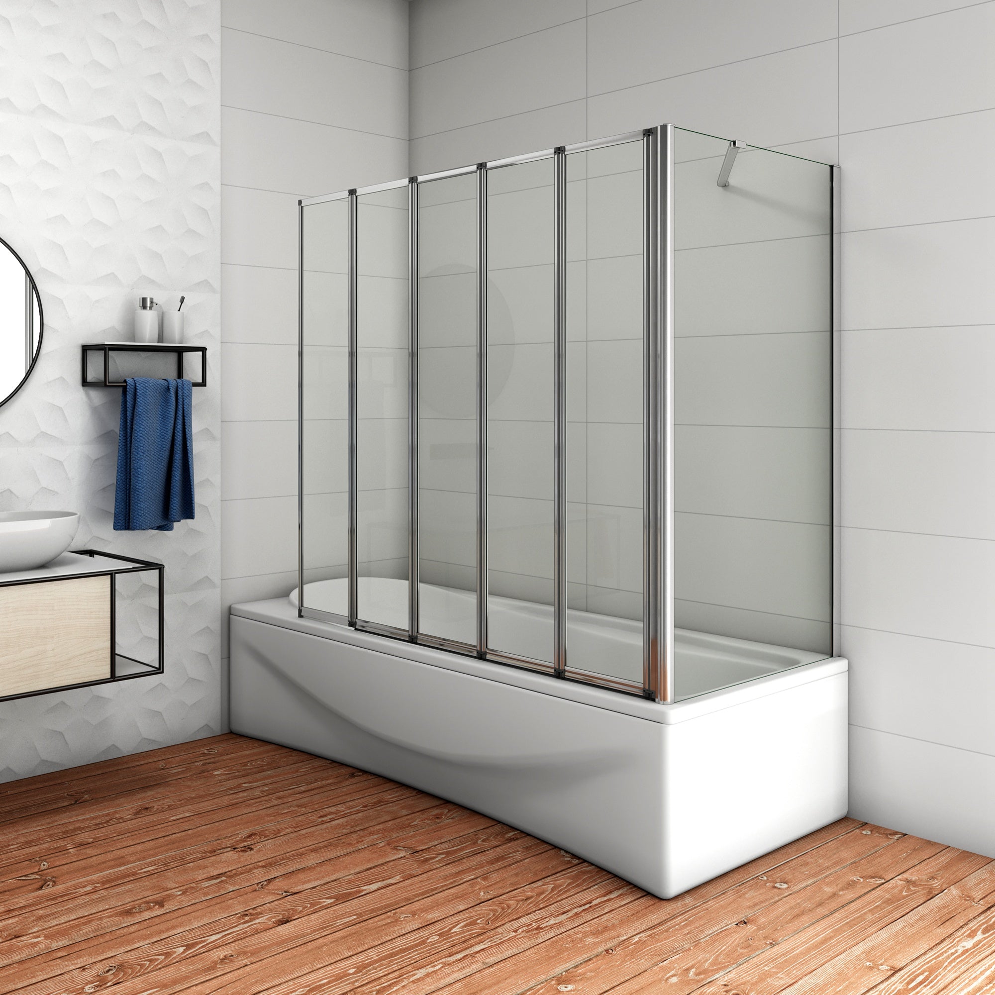 120x140cm Parete Doccia Sopravasca Angolare 5 Ante Pieghevoli Vetro 4 mm con Parete Laterale 65cm Vetro Temperato 6 mm Trasparente Telai Cromi Lucidi