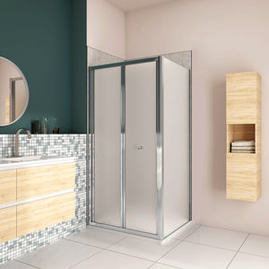 185cm Box Doccia Angolare Porta a Soffietto con Parete Fissa 90x80cm in Vetro Temperato Satinato Opaco 5 mm Profilo Cromato Lucido