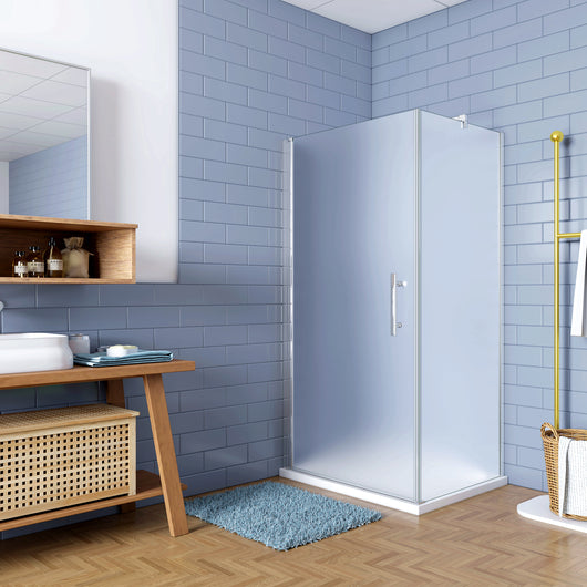 195cm Box Doccia Angolare Porta Battente con Parete Fissa 90x80cm in Vetro Temperato Satinato Opaco 6 mm Anticalcare con Barra Stabilizzatrice 140 cm (montaggio verso irreversibile)