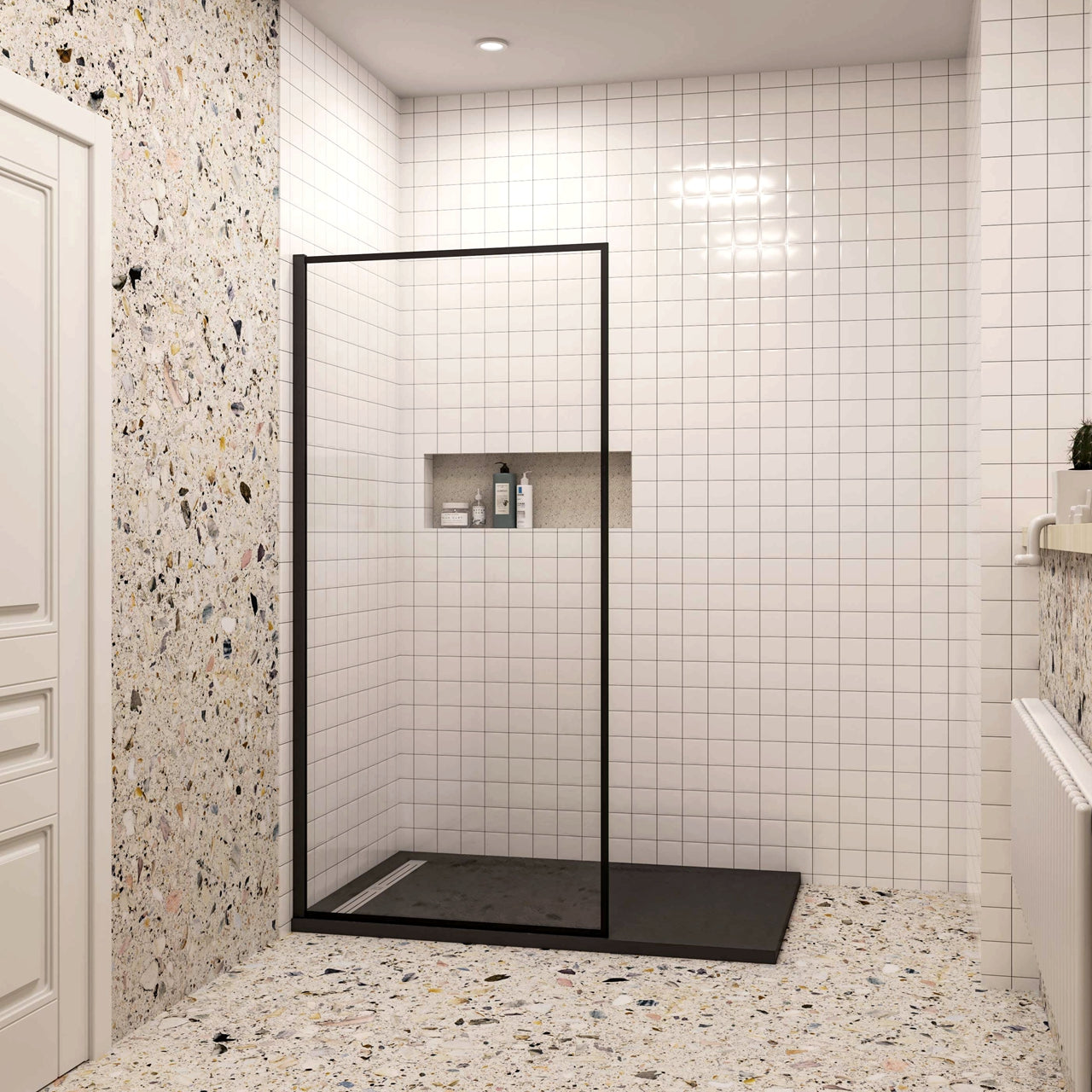 Walk In Parete Per Doccia Vetro Temperato 8 mm Anticalcare 100x200cm con Bordo Nero Serigrafato