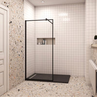 70x200cm Walk In Parete Per Doccia in Vetro Temperato 8mm Anticalcare con Bordo Nero Serigrafato Barra Stabilizzatrice da 90 cm