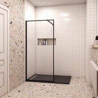 80x200cm Walk In Parete Per Doccia in Vetro Temperato 8mm Anticalcare con Bordo Nero Serigrafato Barra Stabilizzatrice da 90 cm