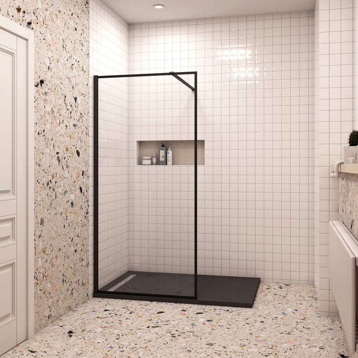 80x200cm Walk In Parete Per Doccia in Vetro Temperato 8mm Anticalcare con Bordo Nero Serigrafato Barra Stabilizzatrice da 90 cm