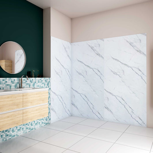 H.210 cm Pannello Doccia ad Angolo 40x80x80 cm Realizzato in Alluminio da 3 mm con Profili Finitura Bianco Alba per Rivestimento Parete Bagno