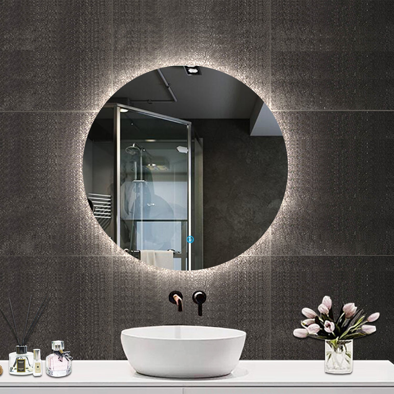 Aica Specchio da bagno a LED + Diametro 100cm + Disappannamento + Funzione Memoria + Estetica Elegante