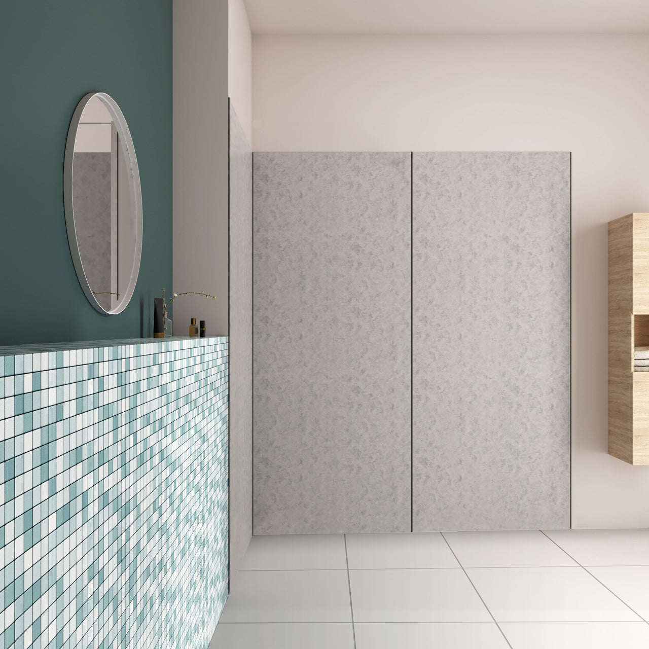 H.210 cm Pannello Doccia ad Angolo 80x100x100 cm Realizzato in Alluminio da 3 mm con Profili Finitura Grigio Cemento per Rivestimento Parete Bagno