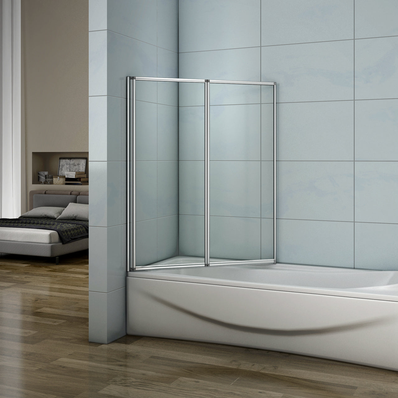 120x140 cm Sopravasca Parete Per Vasca Pieghevole a Libro Vetro 4 mm Temperato Trasparente Formato Da 2 Antine Telai Cromati Lucidi