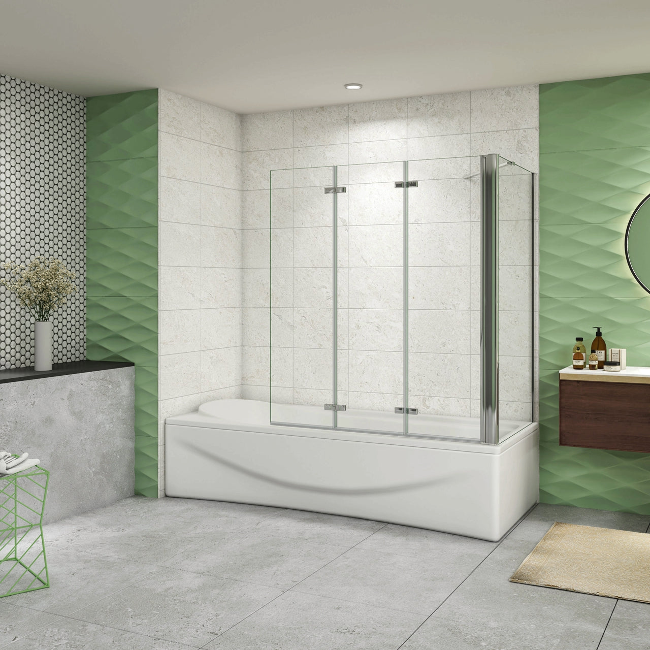 H.140 cm Parete Doccia Per Vasca con Lato Fisso 130x75 cm 3 Ante Movibili Pieghevoli a Libro in Vetro Temperato 6 mm Trasparente Anticalcare Telaio Cromo Lucido