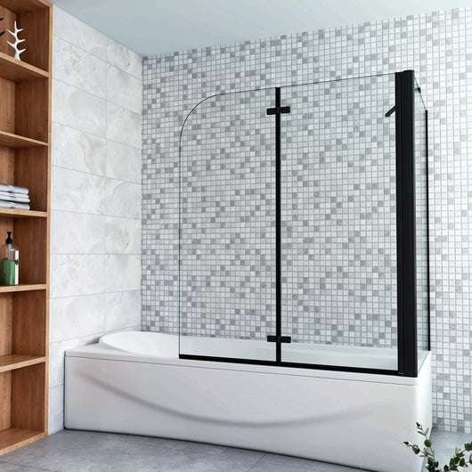Parete Doccia 120xH.140cm Sopravasca Angolare 2 Ante Pieghevoli con Parete Laterale 65cm Vetro Temperato 6 mm Trasparente Anticalcare Nero Opaco