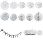 Decorazione a Lampioni in Carta 10 Pezzi - Nastro 300 cm - Disegno di Fiori a Cerchio - Alisei in Carta - Decorazione Argentata - Dimensioni 20/25/30 cm - Decorazione per Feste