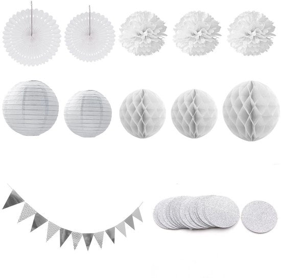 Decorazione a Lampioni in Carta 10 Pezzi - Nastro 300 cm - Disegno di Fiori a Cerchio - Alisei in Carta - Decorazione Argentata - Dimensioni 20/25/30 cm - Decorazione per Feste