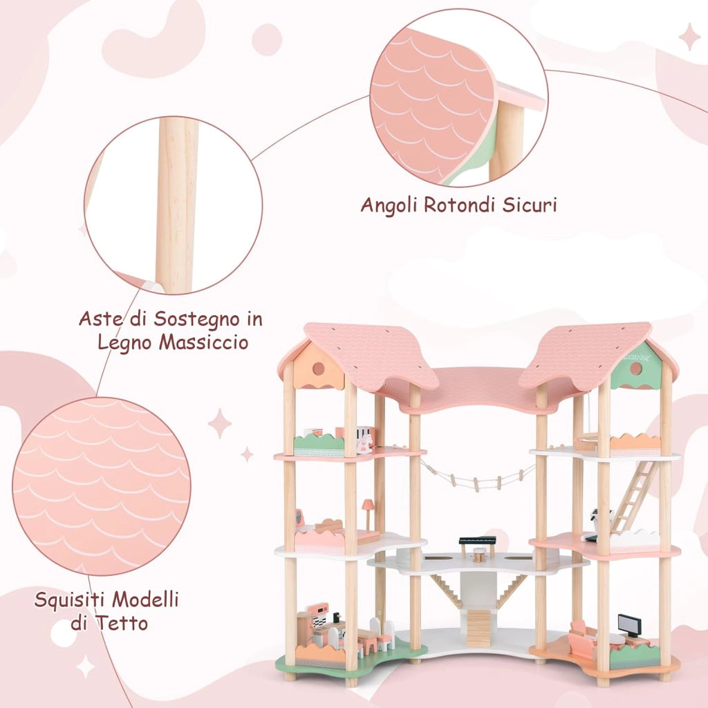 Casa delle Bambole in Legno, Casetta delle Bambole a 3 Piani con 7 Stanze e Mobili, Accessori Realistici, Regalo per Bambini 3+ Anni, 100 x 48 x 85,5 cm