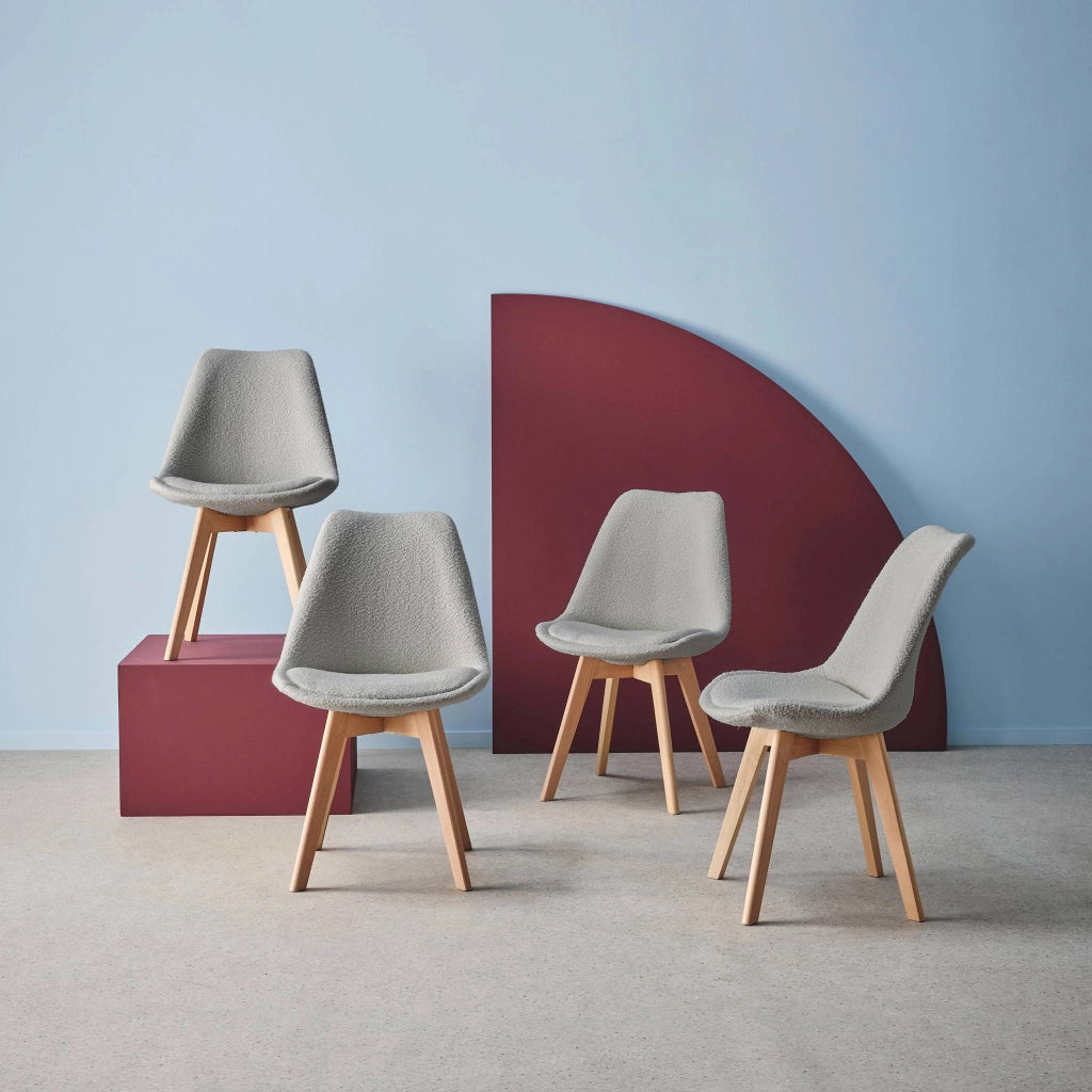 Set 4 sedie scandinave legno di faggio e bouclé strutturato, grigio