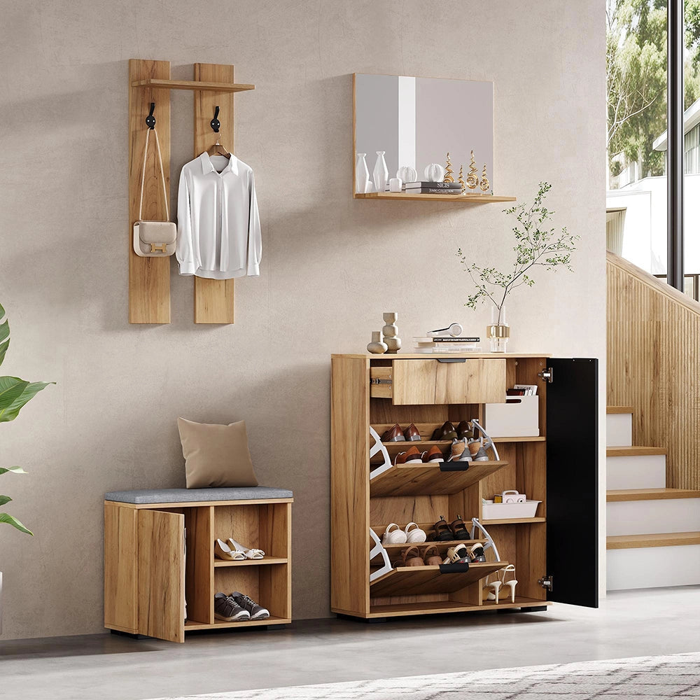 Set vestiario per corridoio - Xylo - con panchina, armadio, specchio, 2 ganci, 4 ante, 140x35x139 cm