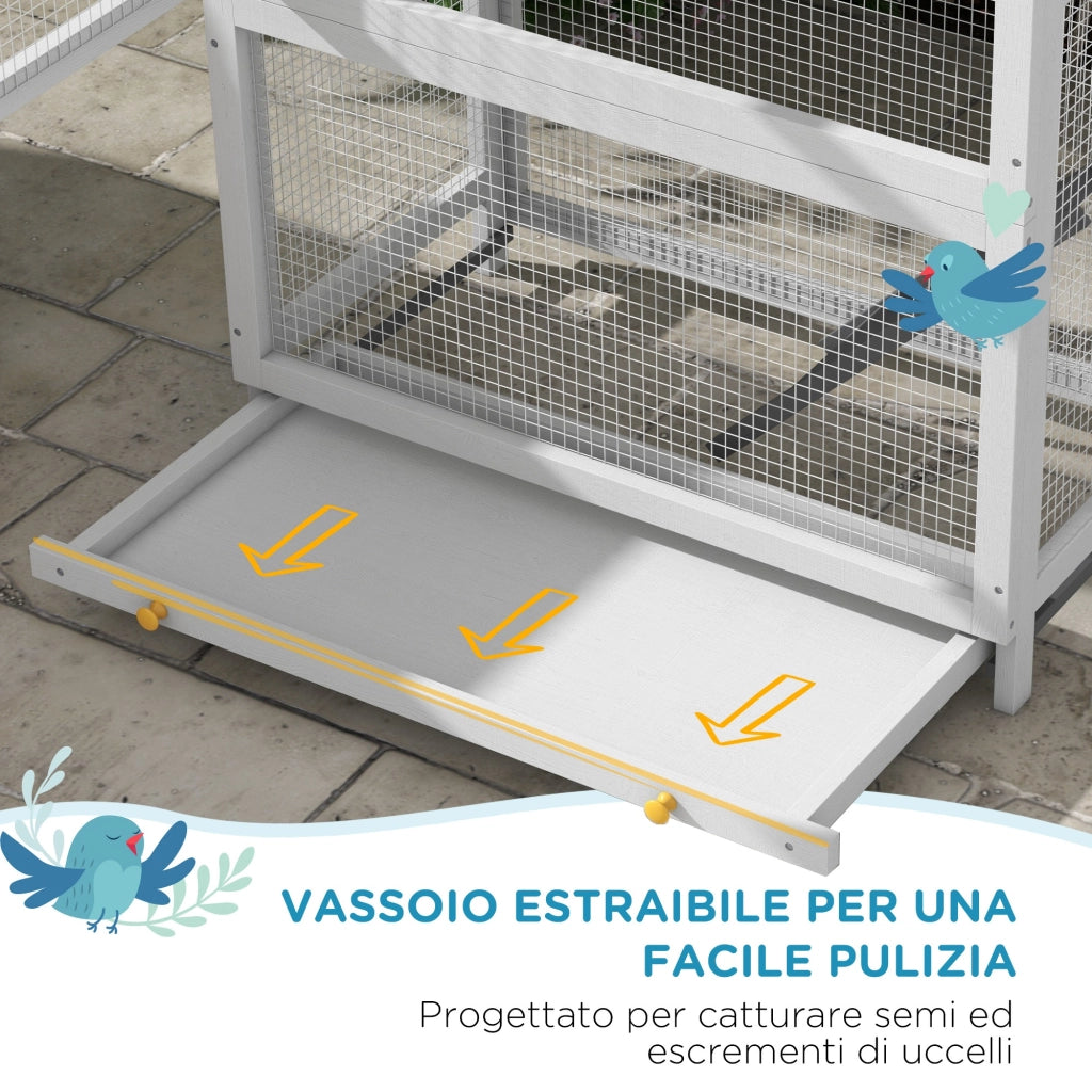 Voliera per Uccellini a 3 Porte con Casetta e Vassoio. in Legno e Metallo. 92x52x171 cm. Grigia e Nera