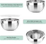 Set di miscelatori in acciaio inossidabile, 6 pezzi, 4l, 3.2l, 2.5l, 1.8l, 1.45l, 0.96l, grandi contenitori metallici con coperchi ermetici, miscelatori in acciaio inossidabile per mescolare, cuocere e preparare