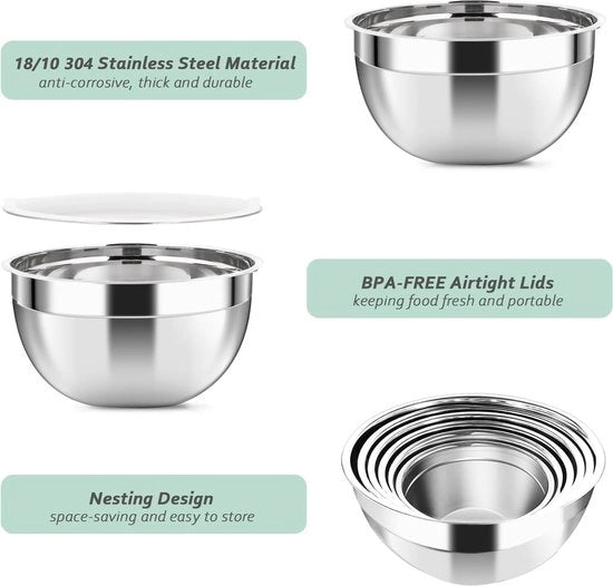 Set di miscelatori in acciaio inossidabile, 6 pezzi, 4l, 3.2l, 2.5l, 1.8l, 1.45l, 0.96l, grandi contenitori metallici con coperchi ermetici, miscelatori in acciaio inossidabile per mescolare, cuocere e preparare
