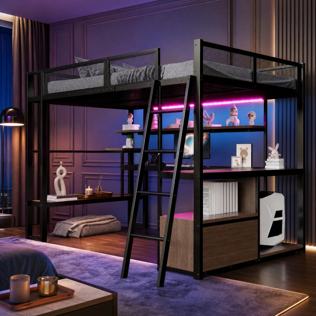 Letto a soppalco gaming 140x200 con scrivania e LED nero
