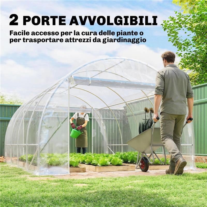 SERRA A TUNNEL 3X4X2 M CON PORTE AVVOLGIBILI, TELAIO IN ACCIAIO E COPERTURA IN PE ANTI-UV, TRASPARENTE