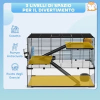 Gabbia per Criceti a 3 Livelli con Base in Vetro Temperato, Ruota e Accessori, 76.5x48.5x54.5 cm, Nero