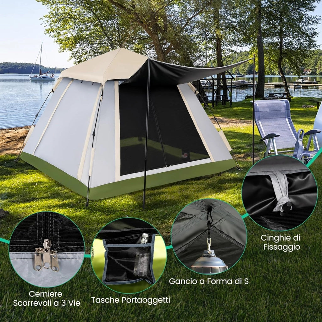 Tenda Campeggio Pop Up per 2-4 Persone, Tenda Istantanea Impermeabile con 2 Porte, Tetto Parasole Rimovibile e Finestre in Rete, Borsa da Trasporto, per Escursioni, Campeggio e Spiaggia