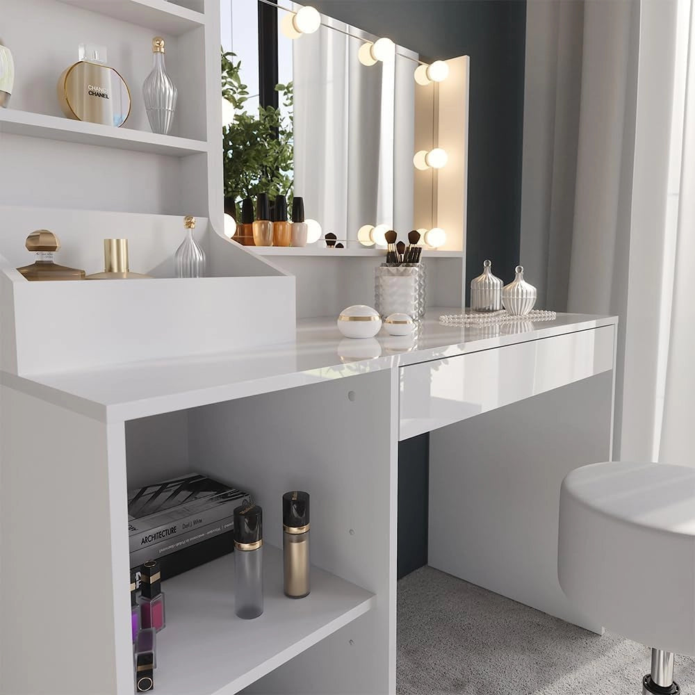 Tavolo da toeletta Sherry, Bianco/bianco lucido, 119.8 cm 7 parti