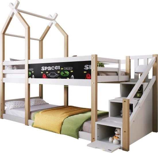 Letto a soppalco con letto a castello, inclusa area di deposito e protezione contro cadute, 90 x 200 cm, alta sponda per bambini - 2 lattine (senza materasso)