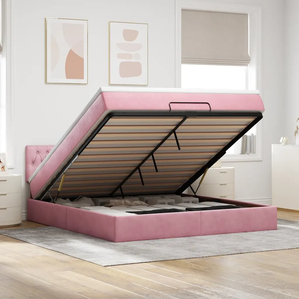 Struttura Letto Pouf con Materasso Rosa 180x200 cm in Velluto 3311866