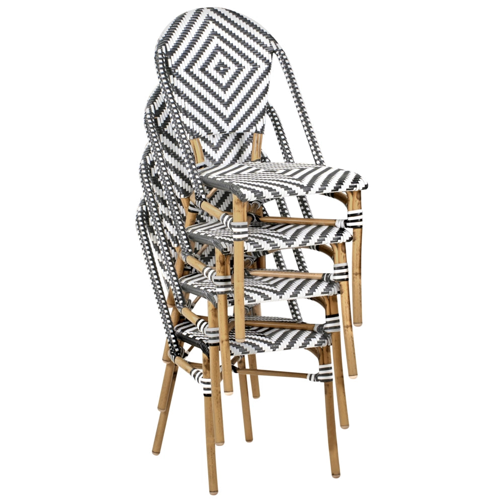 Set da pranzo da giardino a 4 posti Piano in rattan sintetico bianco e Nero Tavolo ø 70 e 4 strutture in alluminio impilabili