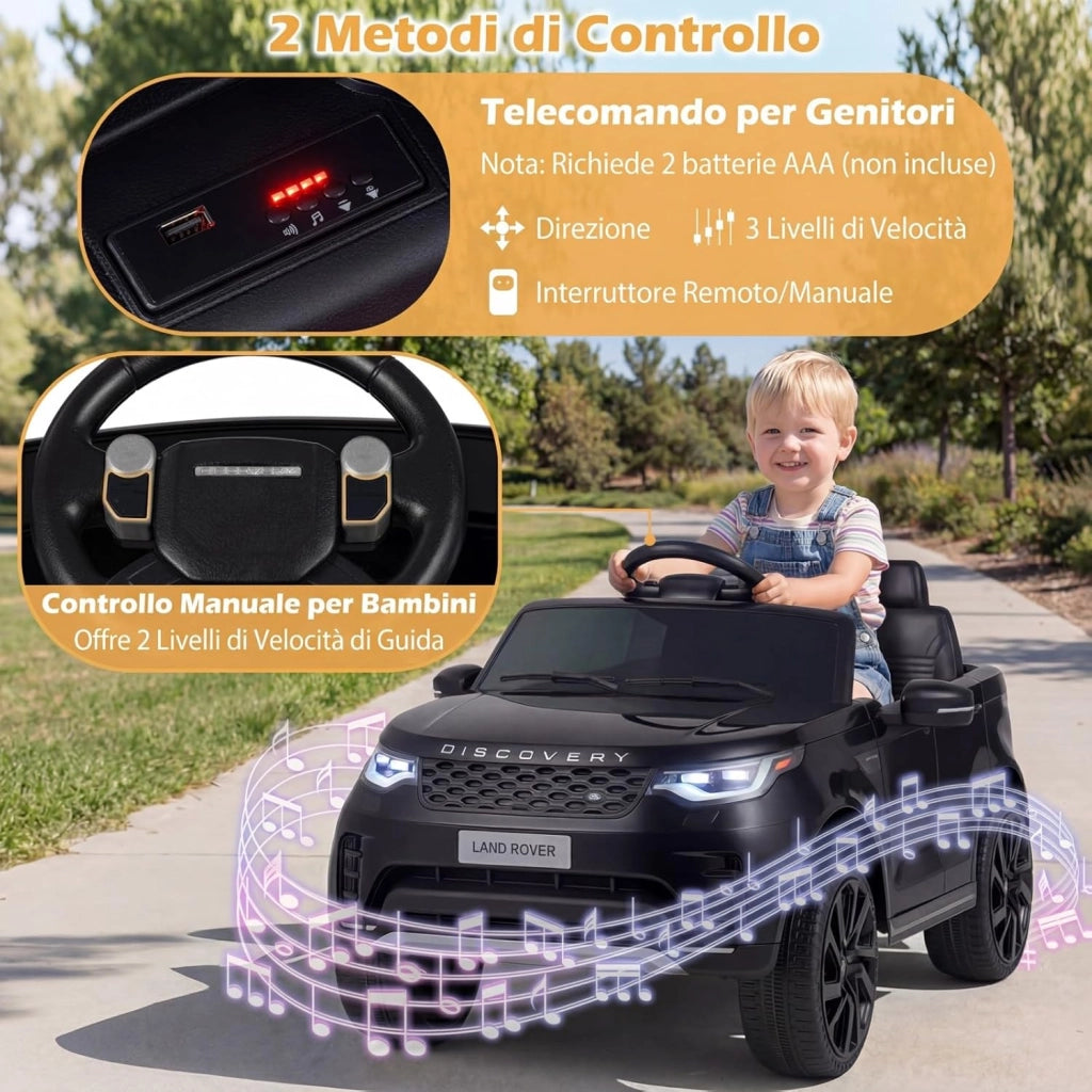 12V Land Rover Macchina Elettrica per Bambini, Auto Cavalcabile con Telecomando e Doppio Motore, Musica Avvio e Arresto Graduali e Ruote Ammortizzanti, per Bambini 3+ Anni (Nero)
