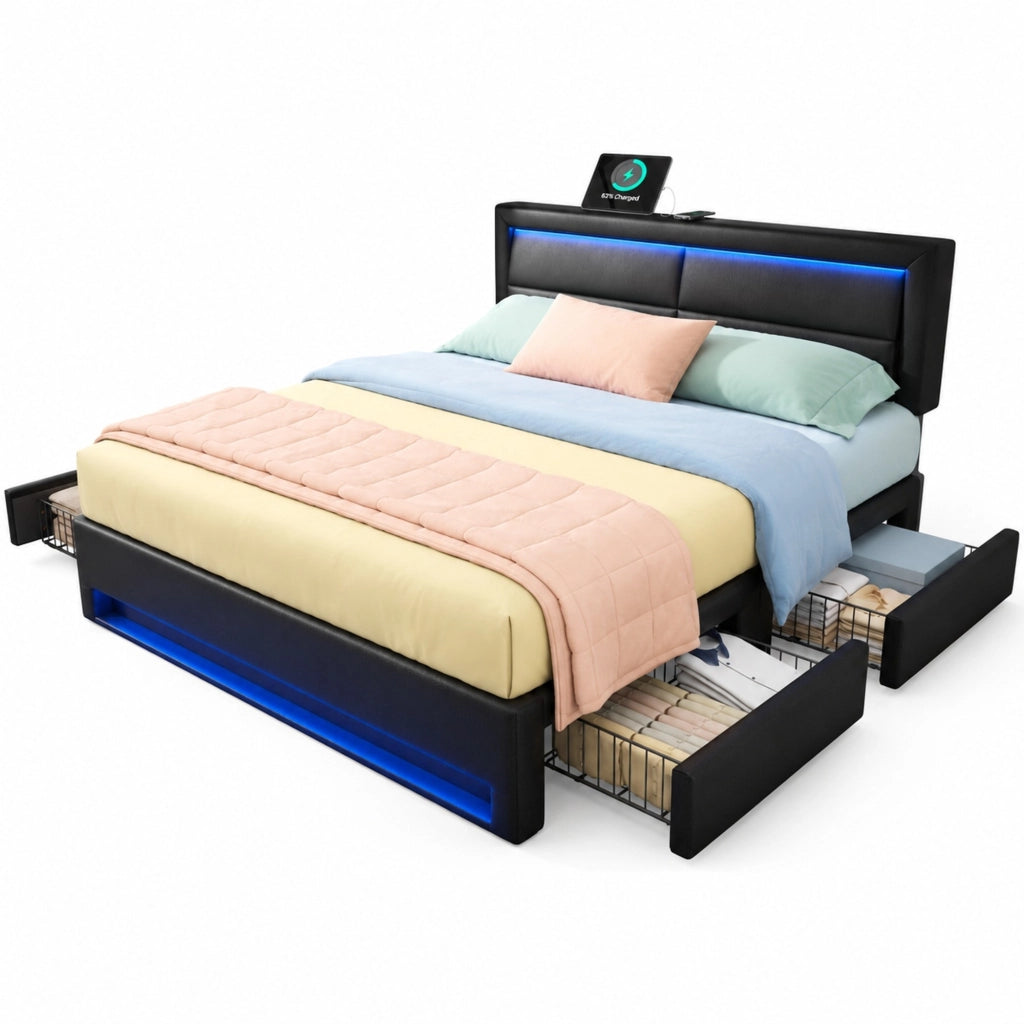 Letto imbottito 140 x 200 cm con USB, illuminazione LED e 4 cassetti, PU nero, senza materasso