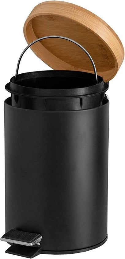 Recipiente per rifiuti con coperchio in bambù - aspirapolvere pedale per la doccia - 3L - nero