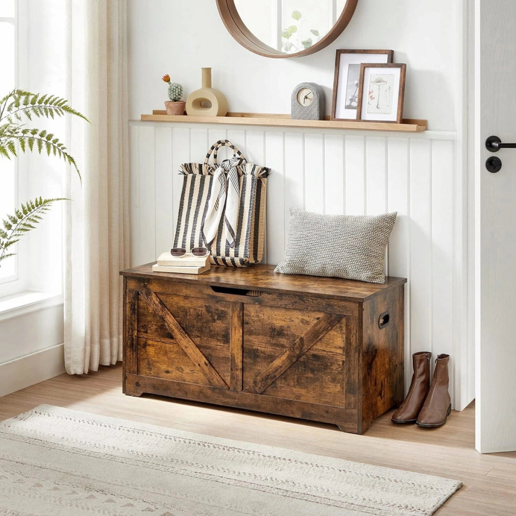Panca contenitore vintage in legno marrone rustico