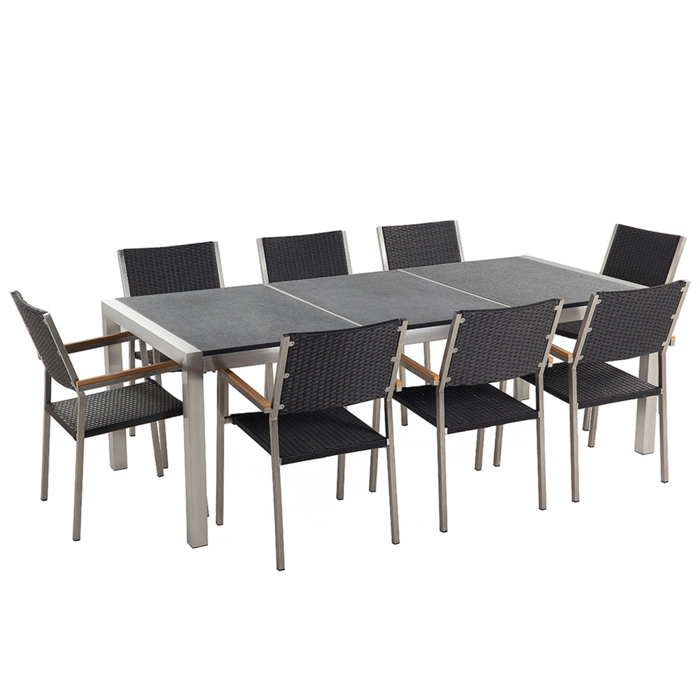 Set da pranzo da giardino Nero con piano in granito fiammato sedie in rattan 8 posti 220 x 100 cm