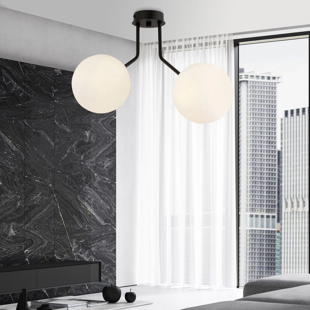 Lampada a sospensione Nova in acciaio nero con diffusori in vetro opalino