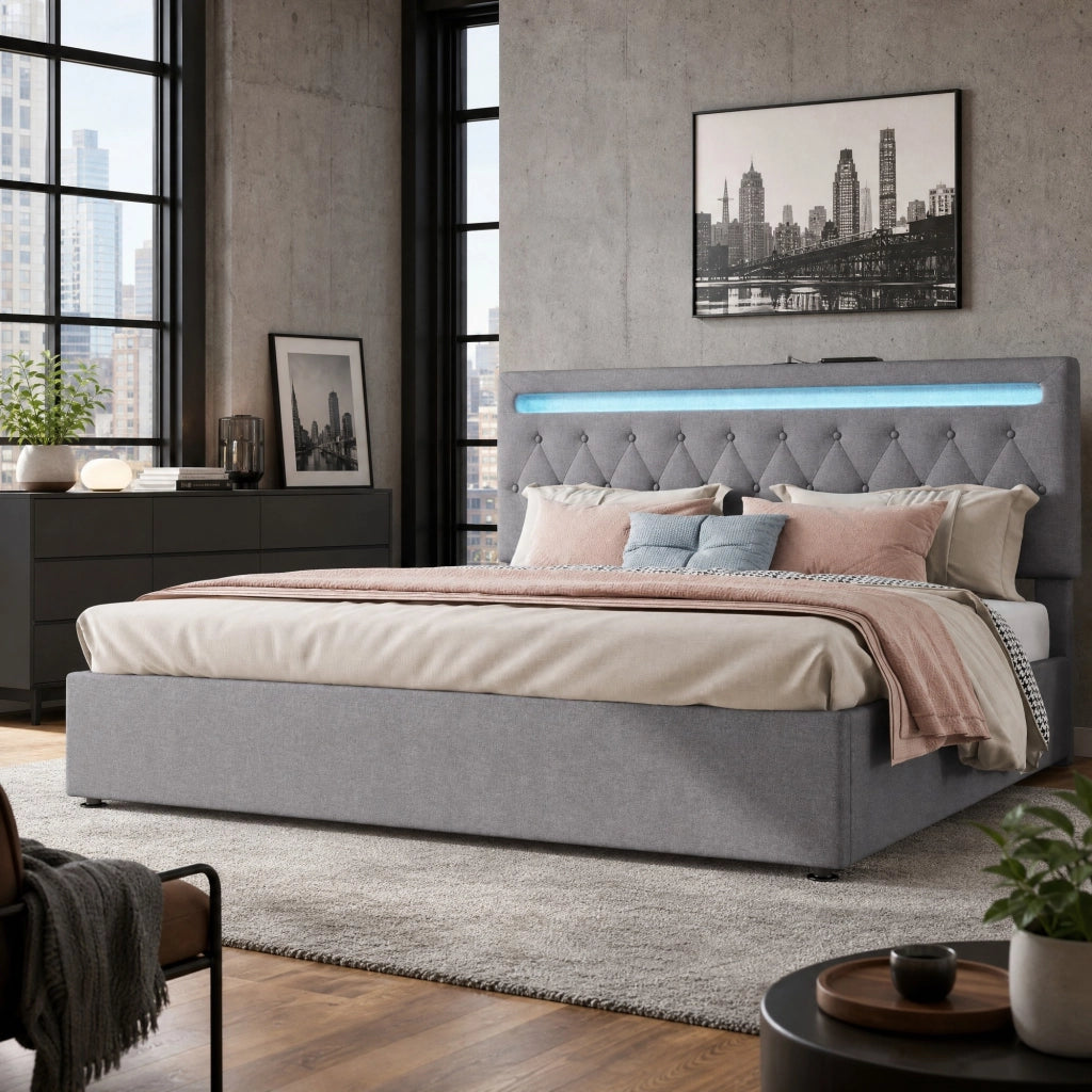 Letto contenitore 180 × 200 cm con sollevamento idraulico LED e porta USB in lino e MDF grigio