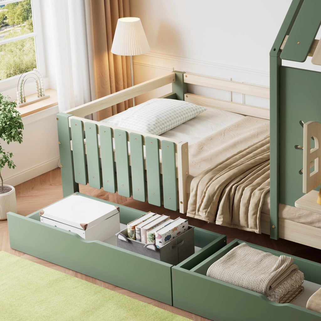 Letto Casetta 90x200 cm - con 2 Cassetti e Sponde - in Legno e MDF - Verde
