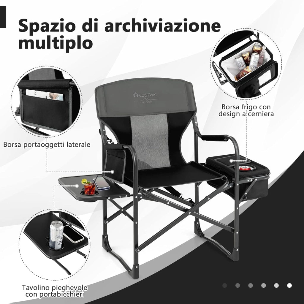 Sedia da Campeggio Pieghevole, Sedia da Regista Robusta con Tavolino, Borsa Frigo, Borsa Portaoggetti e Cinghia, Portata 180 kg, per Campeggio Escursione Pesca Picnic (Nero)