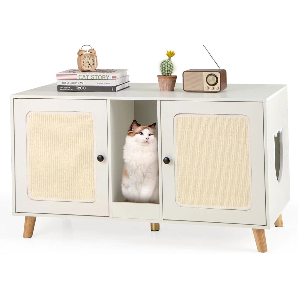Lettiera per gatti enclosure per 2 gatti con toilette nascosta, Mobile laterale in legno moderno Bianco